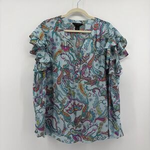 Investments II Blouse Blue Women 3X Paisley Ruffle Cap Sleeve Split V-Neck Top